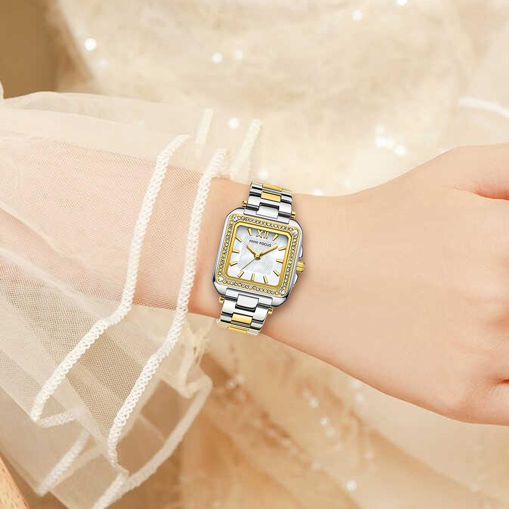 MINIFOCUS Women's Light Luxury Watch with Square Case Mother-of-Pearl Dial Stainless Steel Strap Luminous Hands Relogios