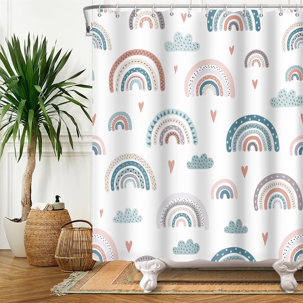Cartoon Shower Curtain for Bathroom Kids Rainbow Cloud Sun Stars Flower Unicorn Cute Animals Waterproof Bath Curtain Home Decor