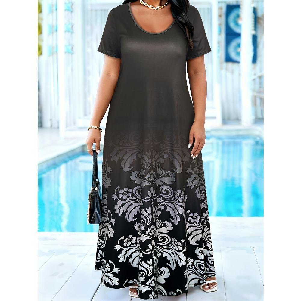 Plus Size Floral Print Short Sleeve Maxi Dress, Round Neck Loose Casual Sundress With Side Pockets,Beach Vacation Long Dress