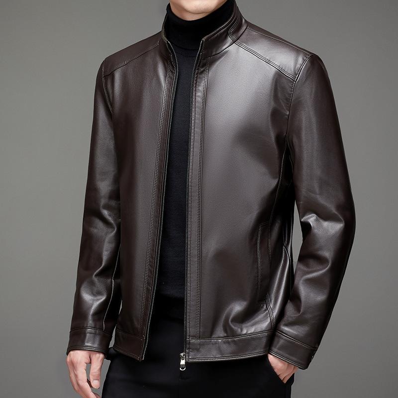 Herren-Lederjacke mit Stehkragen, neue Lederjacke für Herbst und Winter, Lederjacke in Übergröße, Plüsch- und dicker Herrenmantel mittleren Alters