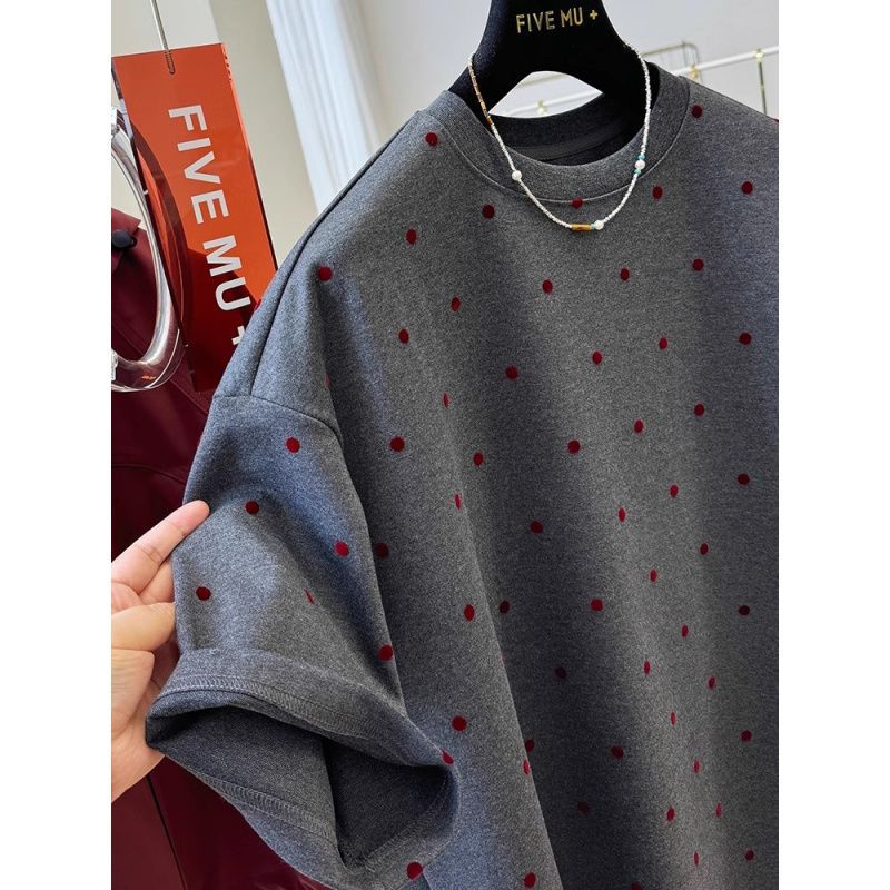 Front Shoulder Polished Niche Polka Dot Short Sleeved T Shirt Women's Spring and Summer Slimming