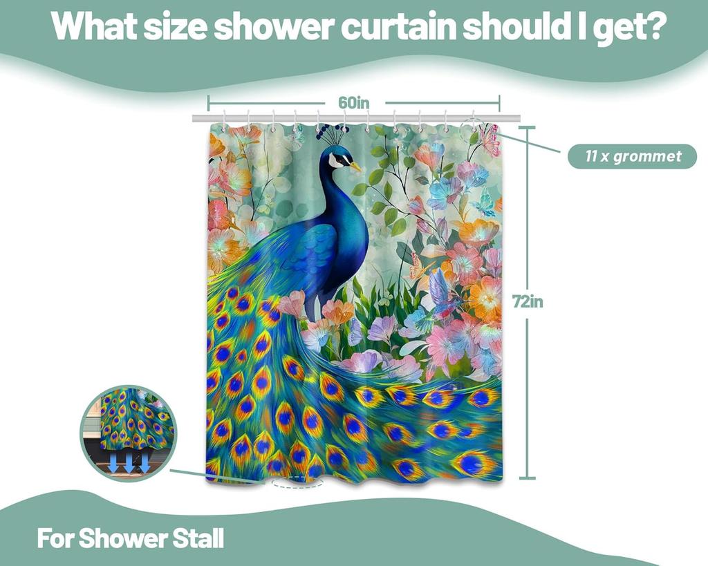 Peacock Shower Curtain Feather Asian Chinoiserie Watercolor Floral Art Bathroom Decor, Waterproof Cloth Fabric with Hooks