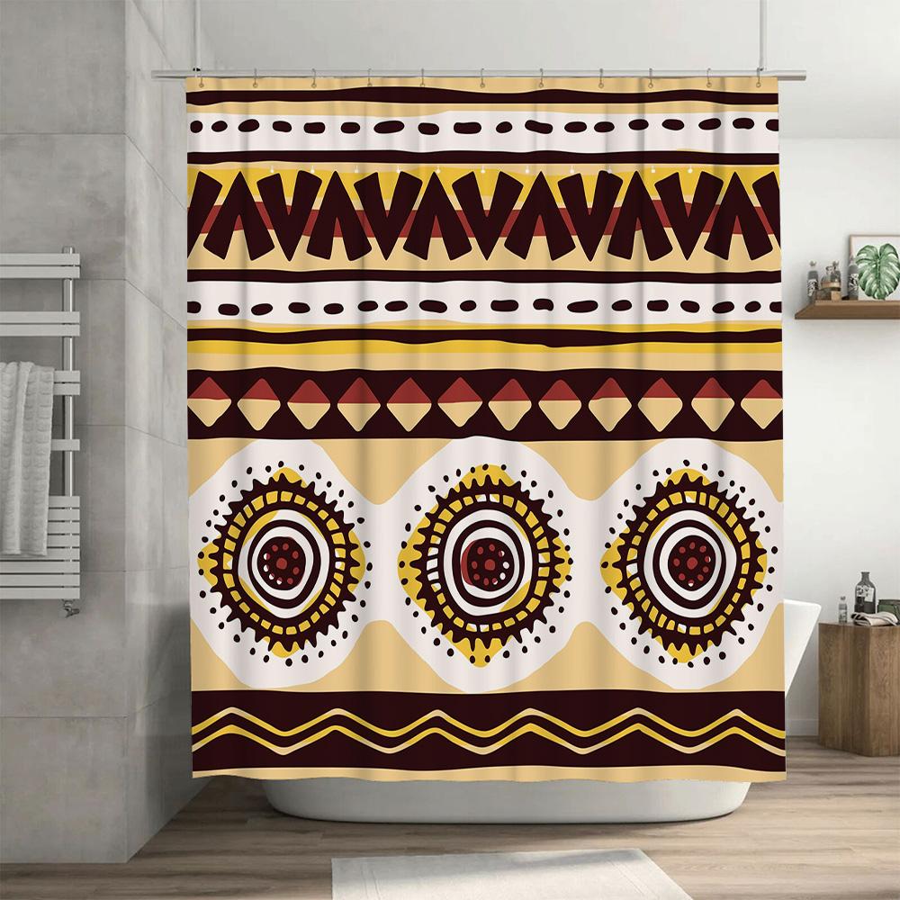 Decorative Shower Curtain With African Print Design Modern Bath Rug Decoration, Rustic Decor, Dark Beige Color, Polyester Fabric