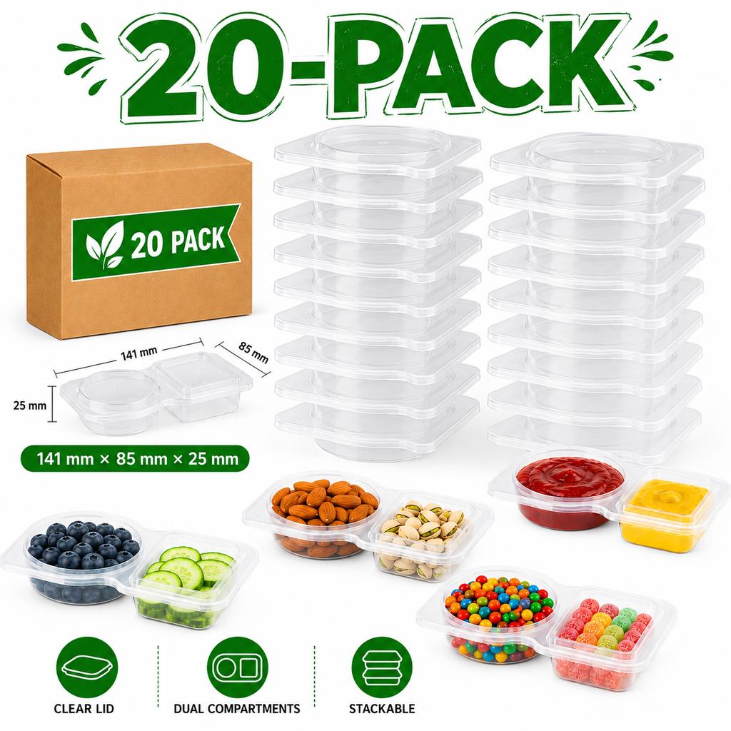 CONFEZIONE da 10/20/40 Contenitori per Condimenti a Doppia Scomparto Con Coperchio in Plastica Ermetica per Snack e Salse per Pranzo e Preparazione Pasti Quotidiana