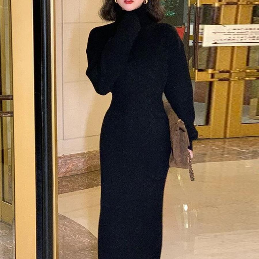 Long-Sleeve High Neck Knit Dress with Wide Leg, Korean Style Inner Dress for Women Autumn Winter
