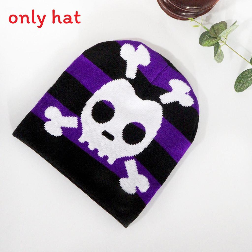 

Fashion Color Blocked Striped Skull Pattern Neutral Casual Warm Knitted Hat For Streetwear And Hiphop Fans фіолетовий