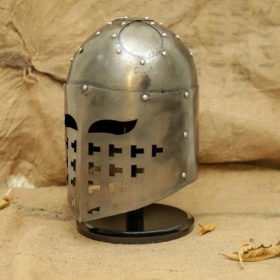 Weathered Steel Knight Helm  Medieval Crusader Cosplay Armor with Stand