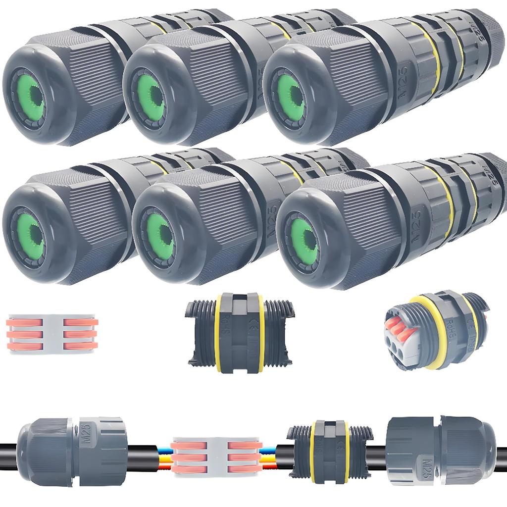 Cable Connectors IP68, Dujelixa 6pcs M25 Waterproof Junction Box, Extension Electrical Cable Connector 2/3-Way