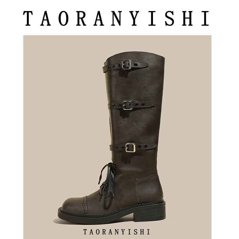 Catwalk British Martin Boots Women's New Old Retro Knight Boots Belt Buckle Boots Women