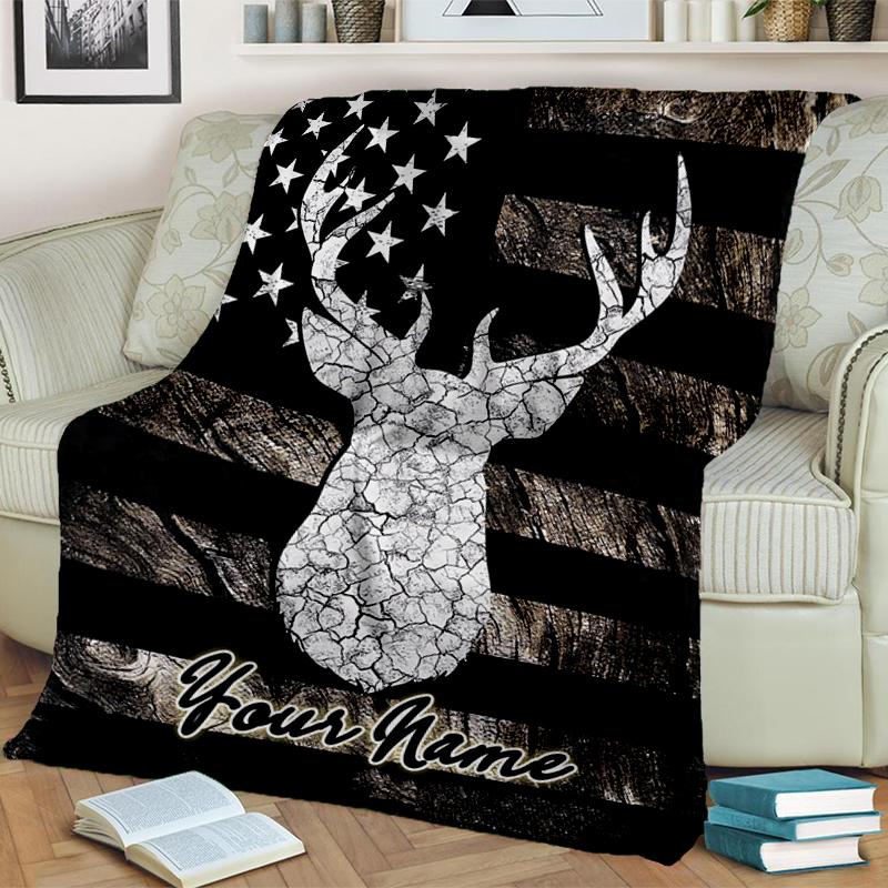 1PC Custom Name Deer Flag Art Flannel blankets Patterns Throw Blanket All-Season Soft Gift for Couch, Bed, Camping gifts