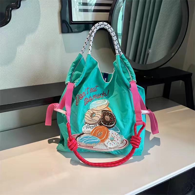 Eco-Friendly Handmade Japanese-Style Embroidered Flower Nylon Tote Bag