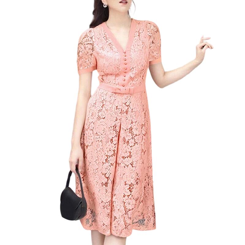 

ZANZEA Женское повседневное летнее платье с кружевной вышивкой и пэчворком, с коротким рукавом M светло-розовый