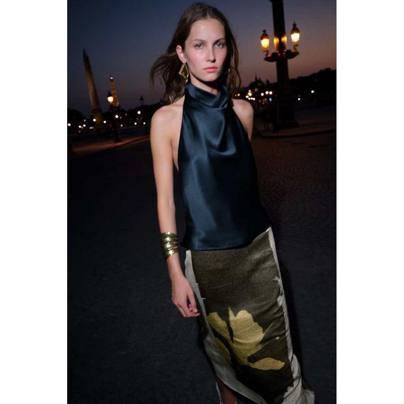 Zbzr Autumn New Women Clothes Western Style Fashion Silk Satin Texture Elegant Neck Collar Top 3203317