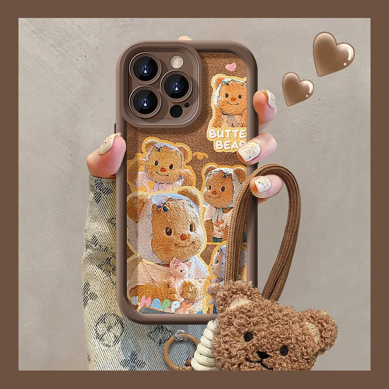 Cute Butter Bear Lanyard Suitable for Apple 13PRO Maillard Mobile Phone Case 14 Silicone Anti-fall 15 Lambskin X