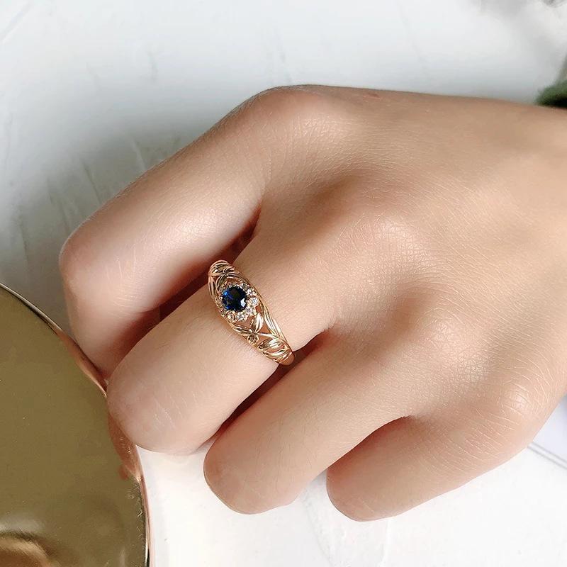 Bague pour femme en zircon bleu mode européenne et américaine avec cuivre plaqué or