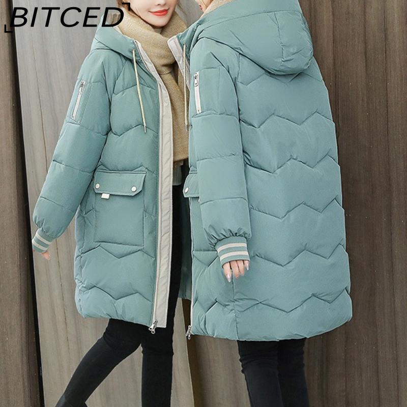 

BITCED Жіноче зимове пальто середньої довжини вільного крою, потовщена стьобана куртка, пуховик, куртка з бавовняною підкладкою S зелений