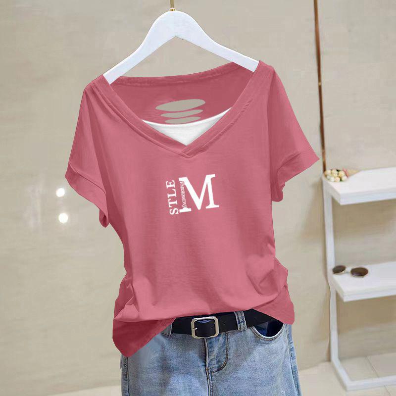 

Women s 2025 Summer Slim-Fit V-Neck Cotton T-Shirt – Korean Style, Plus Size, Short-Sleeved, Hollow-Out Design 3XL (130-140 lbs)