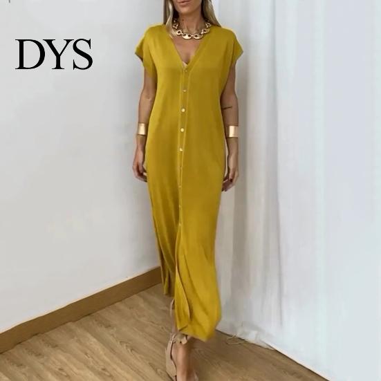 Loose Fit Solid Color Dress Womens Summer Casual Short Sleeve Midi V-neck Comfortable Lightweight Button Down Shirt for Daily Life Dating Work