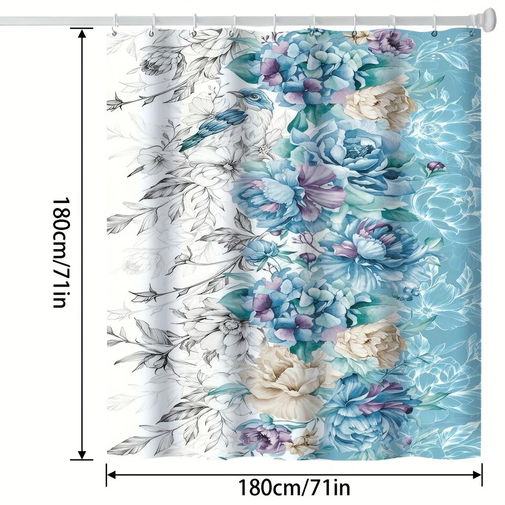 Vibrant Floral Art Shower Curtain - Aqua Blue Background, Spring Flowers Design, Machine Washable, Includes Hooks