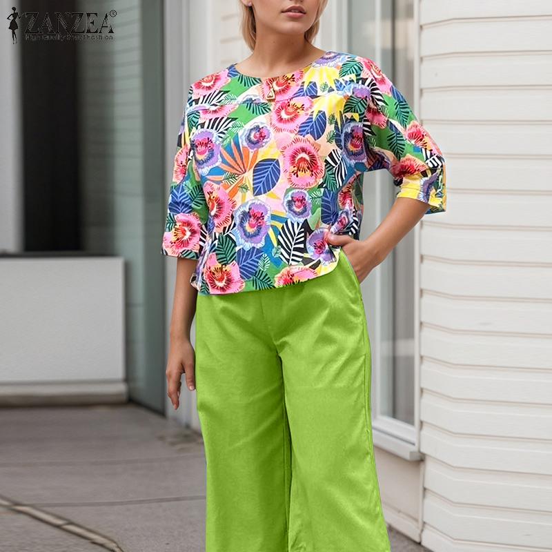 ZANZEA Women 3/4 Sleeve Print Blouse and Pants Casual Two Piece Suit Sets