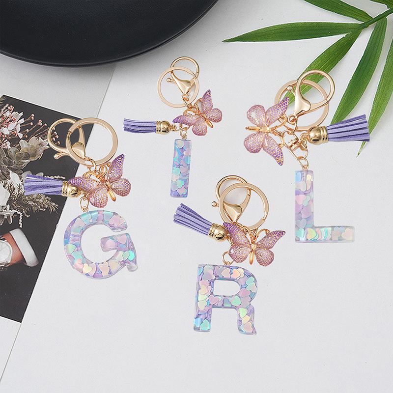 A-Z Letters Keychain Pendant Purple Butterfly Letter Keychain For Girls Women Exquisite Backpack Decoration Accessories Gifts