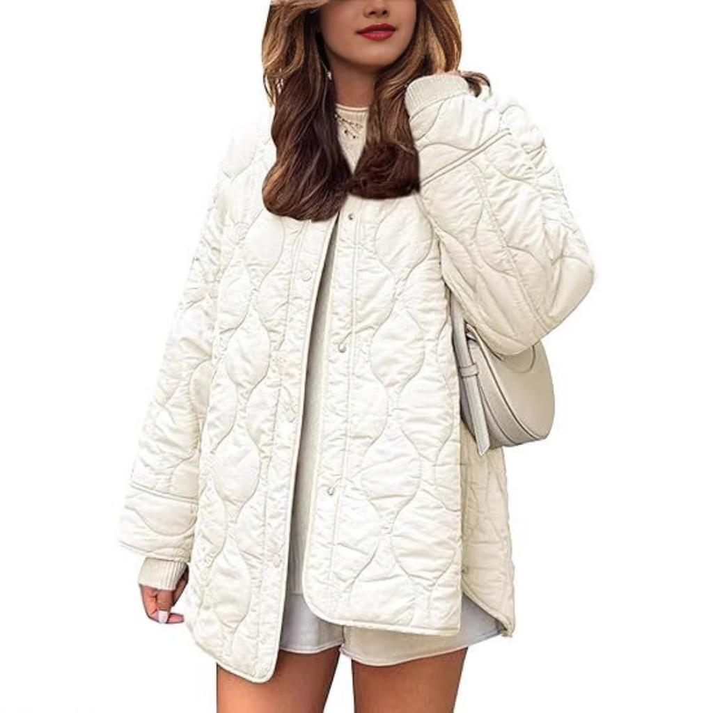 2025 Autumn Winter New European American Style Quilted Simple Solid Color Round Neck Loose Cotton Coat Outerwear