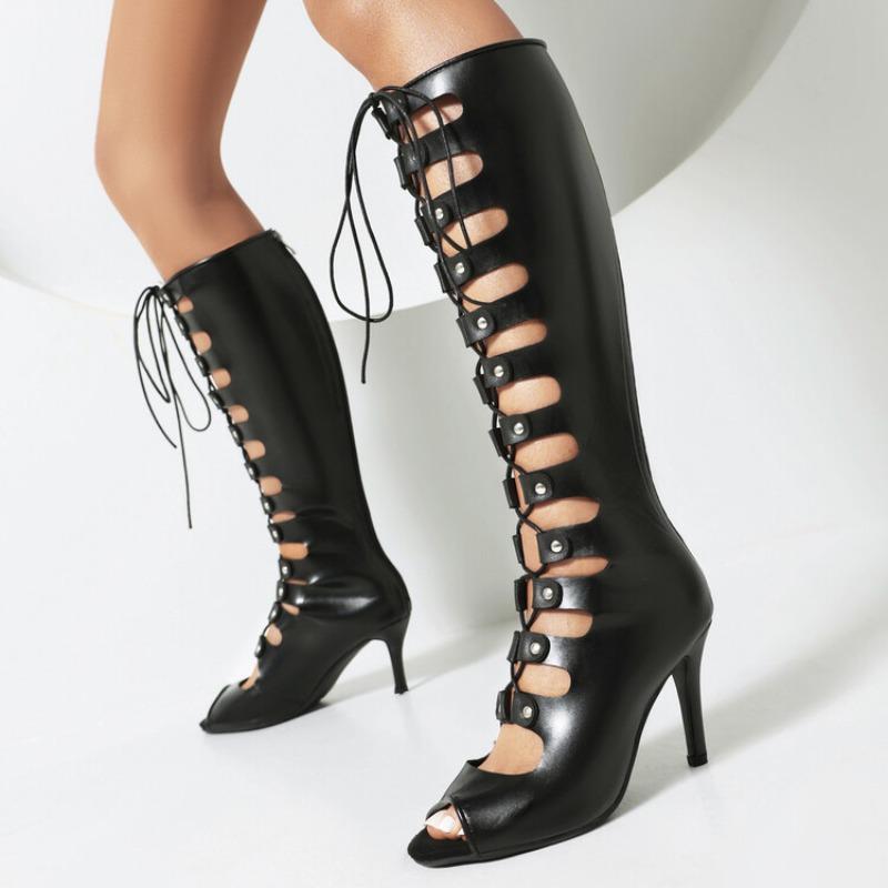 Fashion Cross Strap Rivet Belt Buckle Women's Cool Boots Summer Sexy Silvery Gold High Heel Sandals Dress Party Motorcycle Boots Size 48