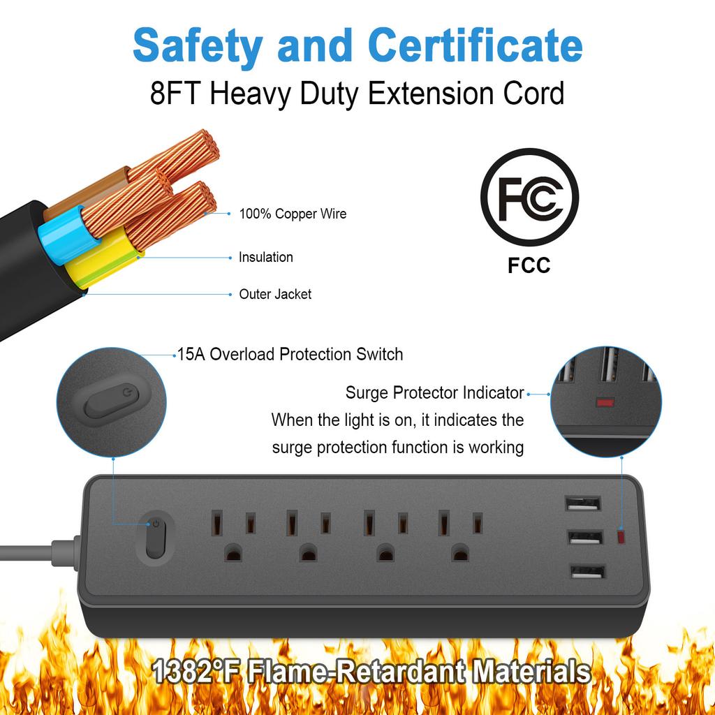 Universal Electrical Socket Extension Cable USB Power Strip for Office 4pcs AC-Outlets 3 USB Ports Surge Protector