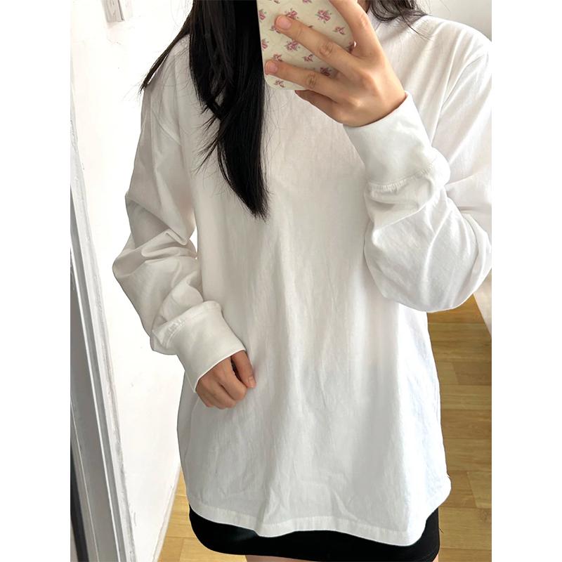 Women's Round Neck Long Sleeve Loose T-Shirt - White, Basic Layer, Japanese Korean Style, Casual Wear for Spring, Autumn, Winter. Free Shipping.