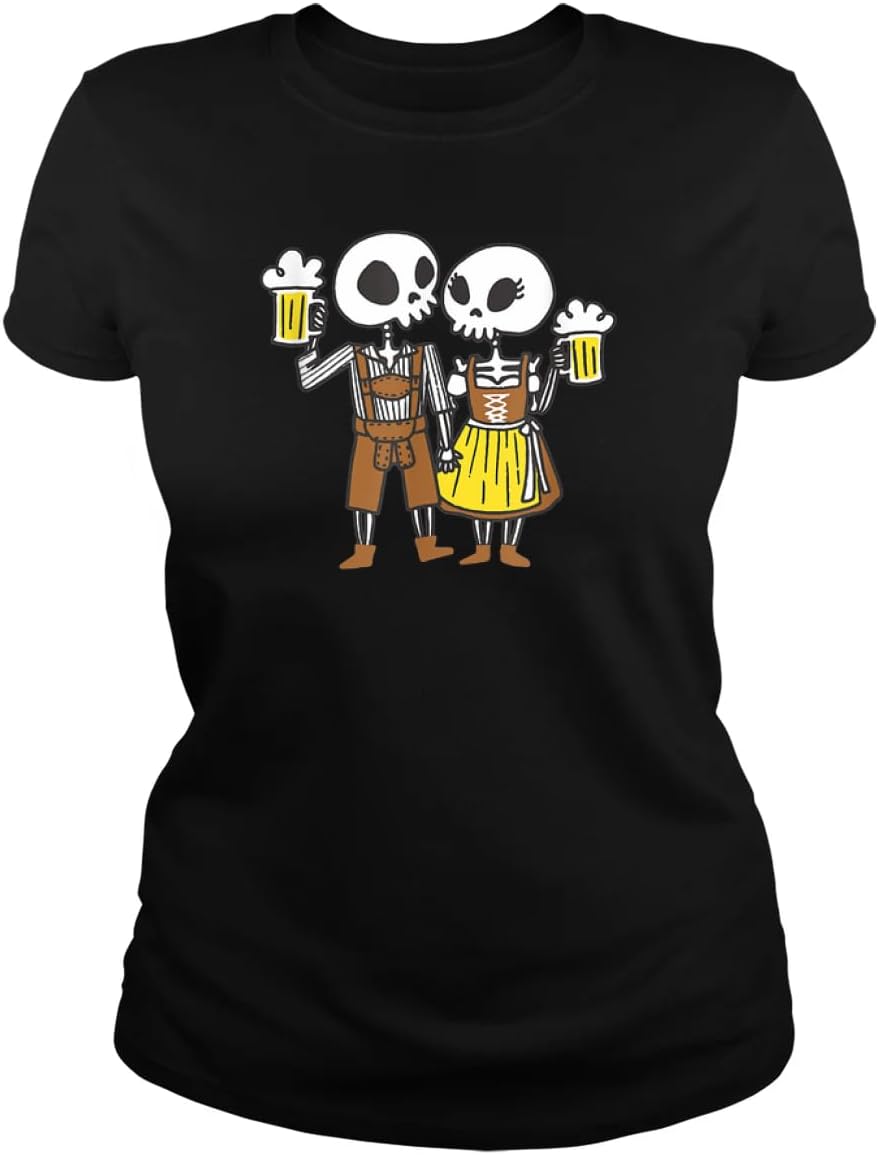 Skeleton Drinking Womens T Shirt - Oktoberfest Halloween Cotton Shirt for Women - Short Sleeve Crew Neck Soft Fitted Tee S разноцветный