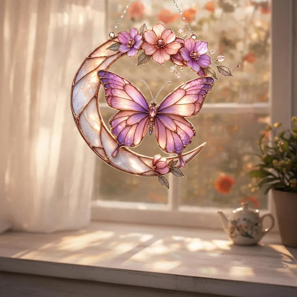 Butterfly Ornaments 2D Stained Decorative Home Decor Moon Light Catcher Window Hanger For Backyard Patio Balcony Tree Window