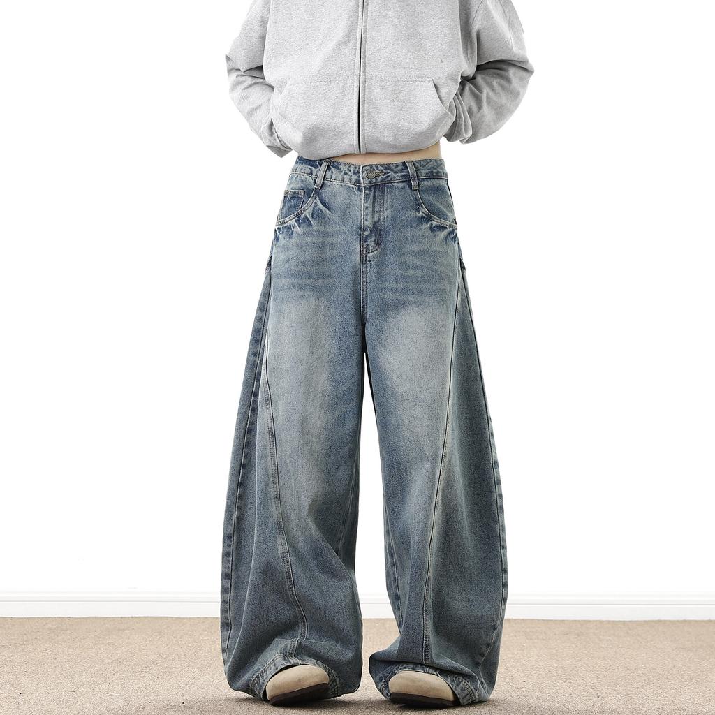 American retro washed old scimitar jeans men's trendy brand ins design sense wide legs loose straight long pants