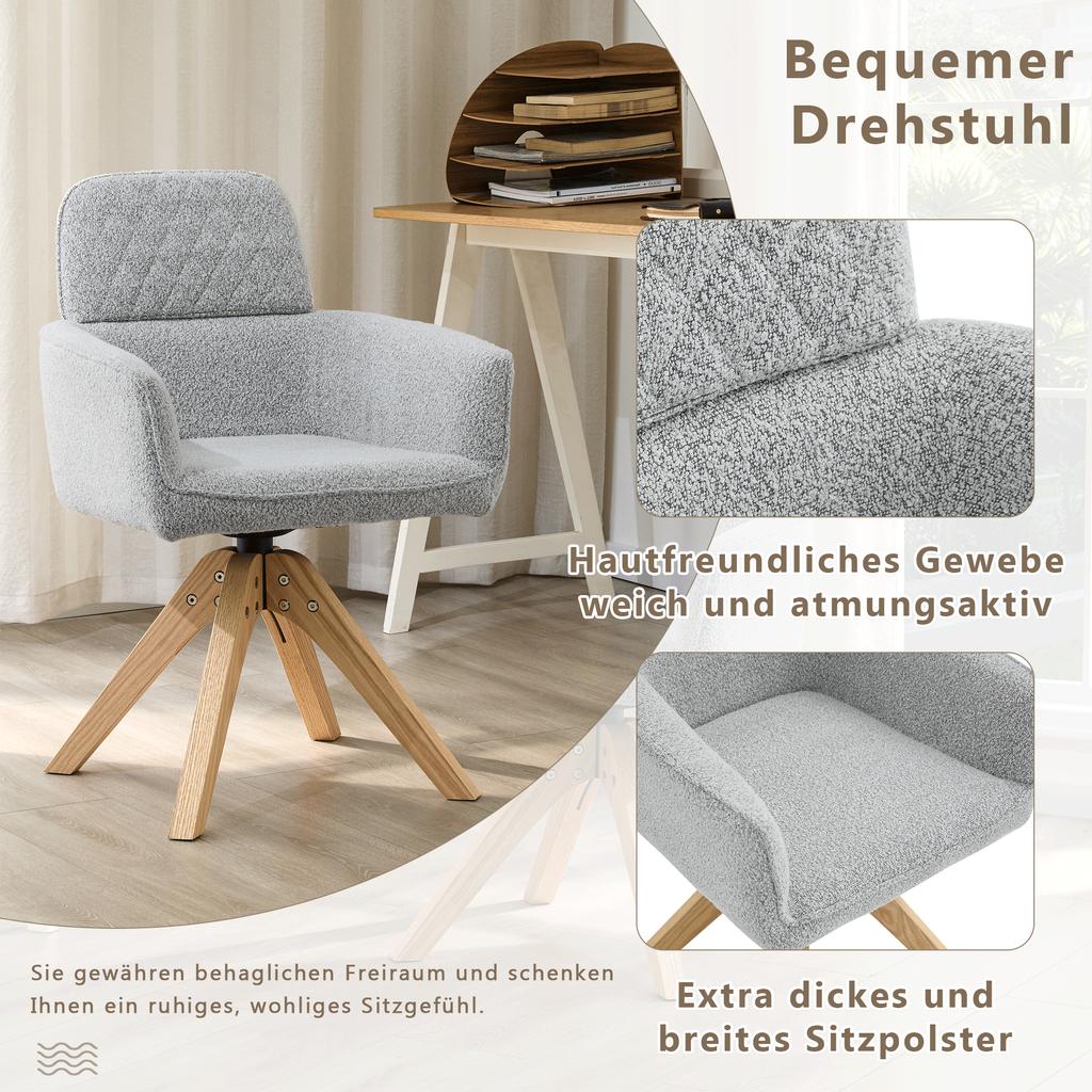 Set of 2 Wabi-Sabi dining chairs (360 degrees rotatable) – Grey diamond-pattern fabric, solid wood legs