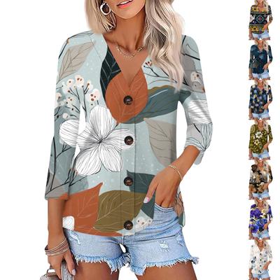 Damen Casual Mode Floral bedruckt Dreiviertelarm Knopf Strickjacke Top