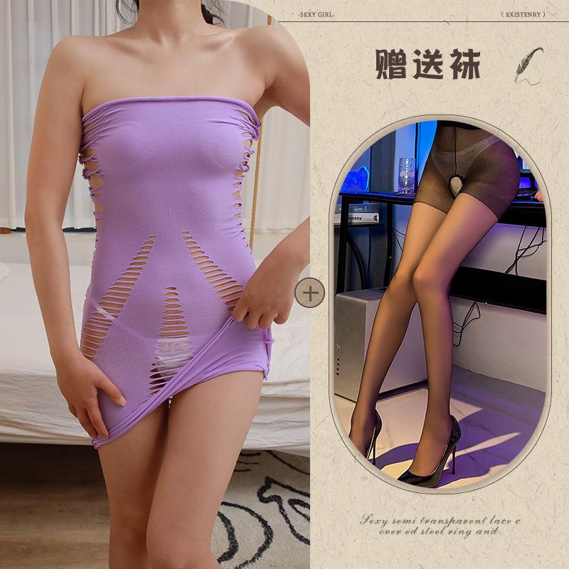 Hollow Chest Big Super Elastic Tight Short Skirt Sexy Spice Girl Torn Hip Wrap Dress Women