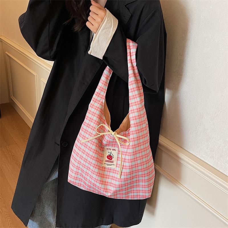Plaid Shoulder Tote Bag With Cute Bow Decor Large Capacity For Daily Shopping School Commute