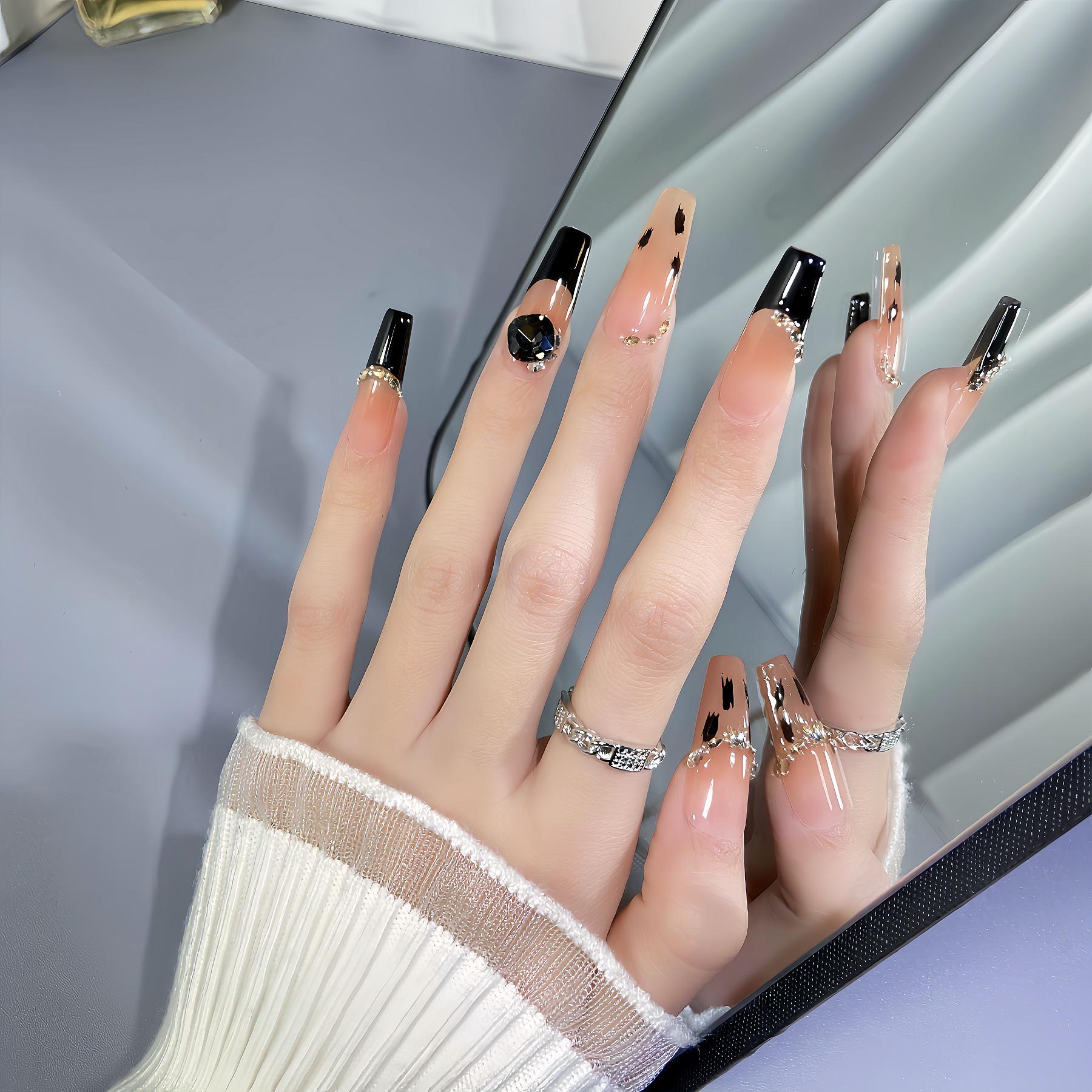 Handmade Wearable Leopard Print Black Diamond Manicure Stickers - INS Style, Versatile Party-Ready Nail Art