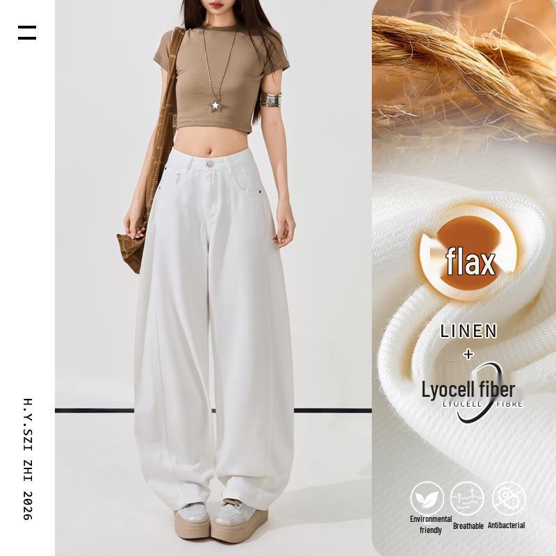 Women's Super Soft White Linen Cropped Wide-Leg Jeans - 2026 Spring/Summer Collection