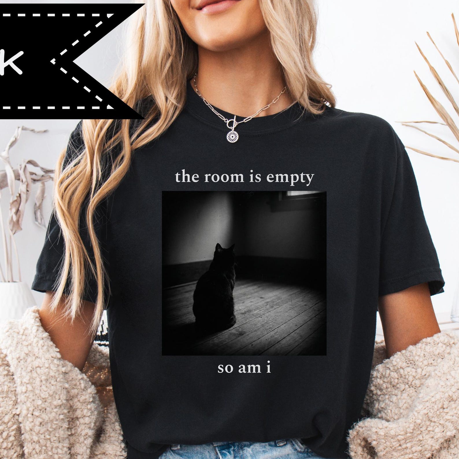 The Room is Empty so am I Black Cat T-Shirt, Minimalist Graphic Tee, Unhinged Cat Lover Shirt XL