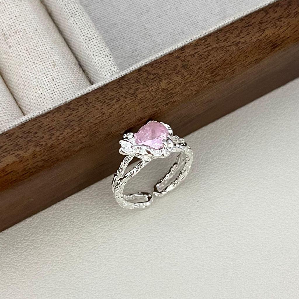 Pink Diamond Double Layer Heart Ring - Handmade Korean Style with Rhinestones