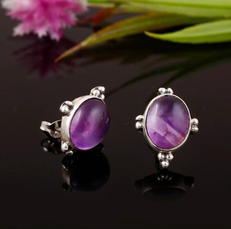 925 Sterling Silver, Purple Amethyst Oval Studs, Natural Amethyst Post Earrings