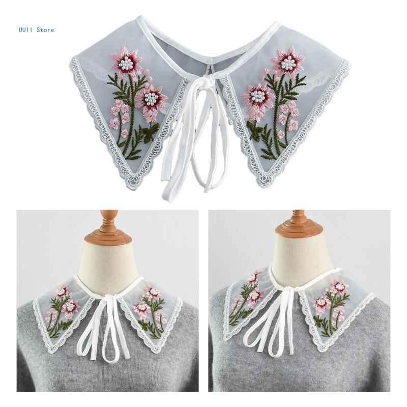 Falscher Kragen für weibliche Mädchen Weiß Abnehmbarer falscher Kragen Stickerei Blumenschal Kleidungsdekorationen Blusenkragen