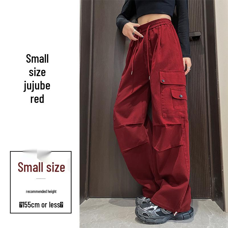 Damen High-Waist Retro Washed Baumwolle Cargohose, Lockeres Gerades Bein, Bodenlang, Aufgeschlagener Weiter Beinabschluss, Frühling Schlankmachender Stil.