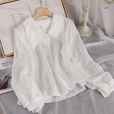 Spring Elegant Lace Blouses Women  2022 Hollow Out Peter Pan Collar Tops Fashion Office Ladies Long Sleeves Solid Shirt 14562