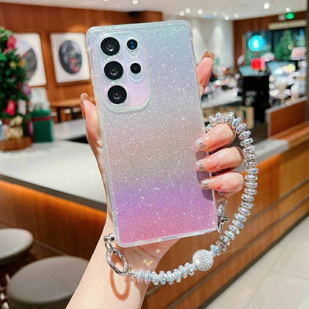 

For Samsung Galaxy S25 Ultra Case Gradient Glitter TPU Protective Phone Cover with Wrist Strap Pink