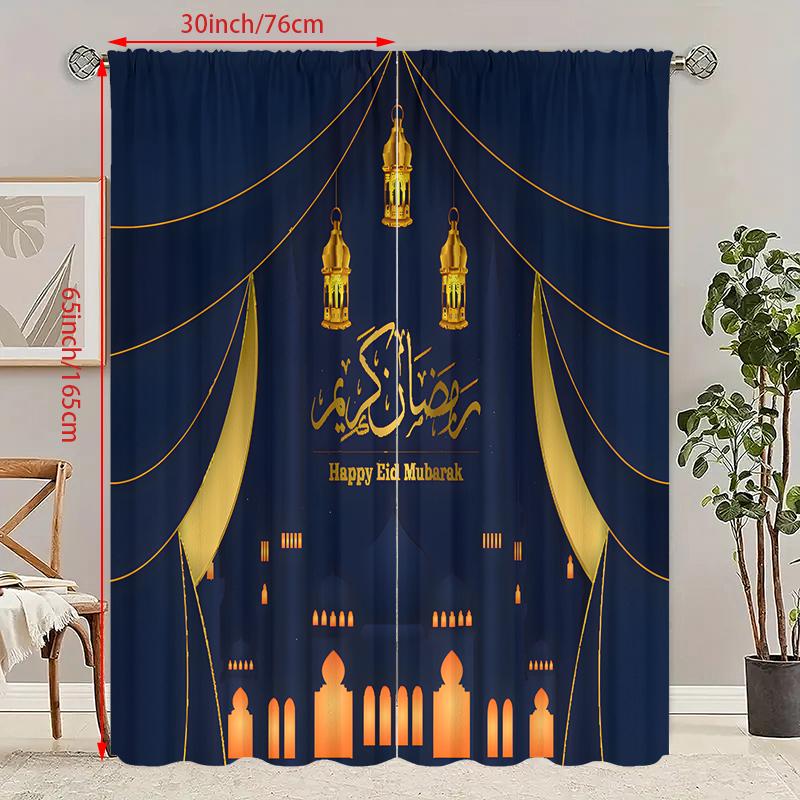 

Set Of 2 Ramadan Auspicious Printed Curtain Polyester Material Suitable Bedroom Curtains Ideal For W100*H70(CM)-Grommet top&2PCS