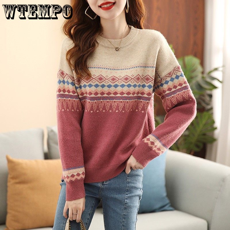 Sweater Women Loose Large-sized Round-neck Pullover for Women Korean-style Retro Color-blocked Knitted Sweater for Autumn and Winter