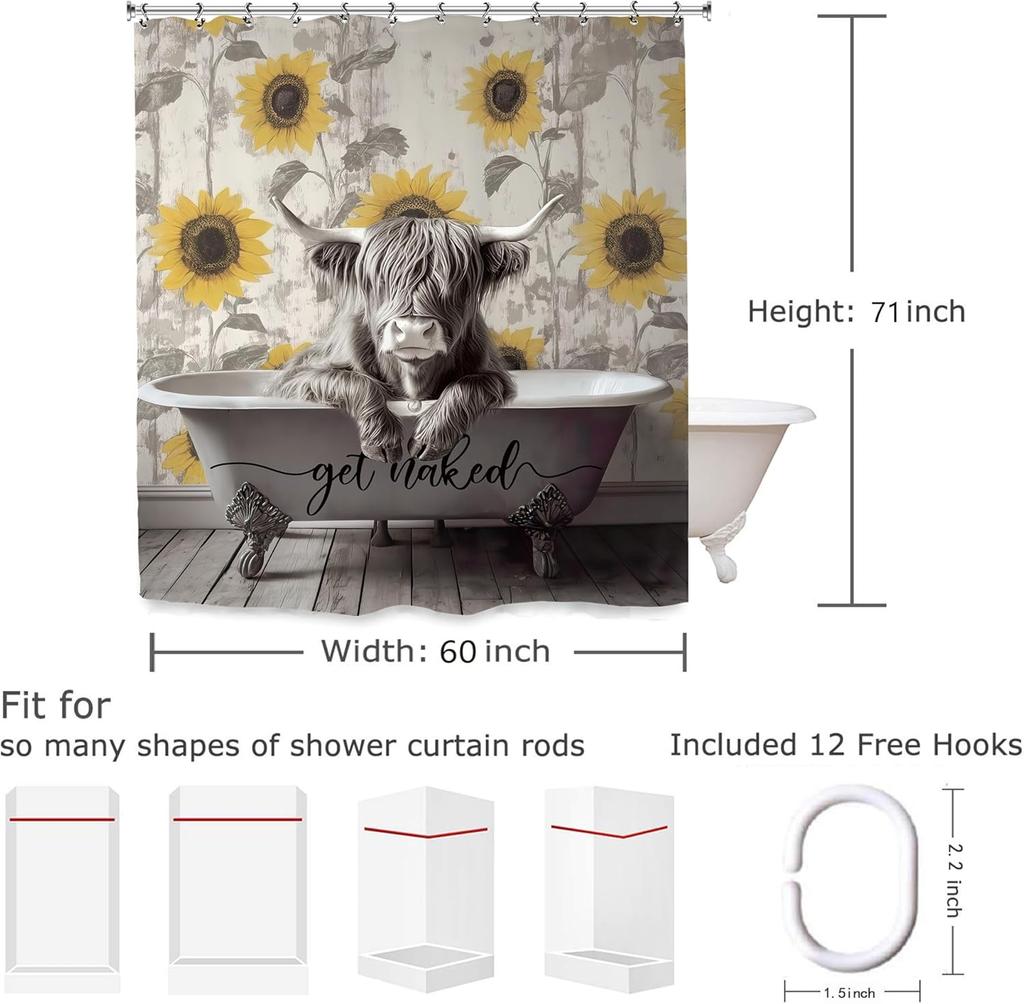 Funny Highland Cow Bull Shower Curtain, Rustic Farmhouse Sunflower Vintage Animal Humor Decor