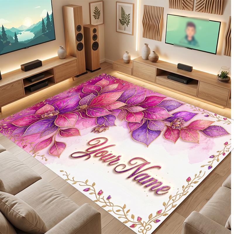 Floral Garden Theme Soft Crystal Velvet Rug Custom Name & Text Print Non Slip Floor Rug for Bedroom Living Room