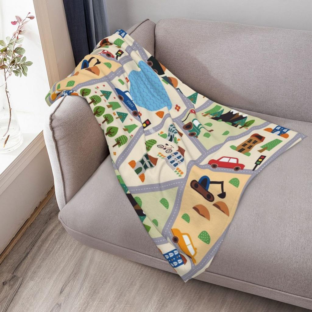 kids seamless, all over road print with cars, trees, trains, lakes Throw Blanket Machine Washable Soft Warm Blanket